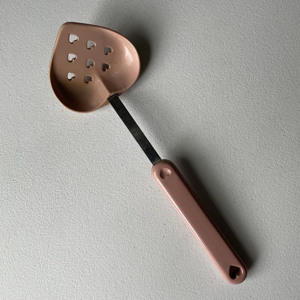Four Star Vintage 1989 Heart Shaped Kitchen Spoon Utensil Pink Slotted 11.5"